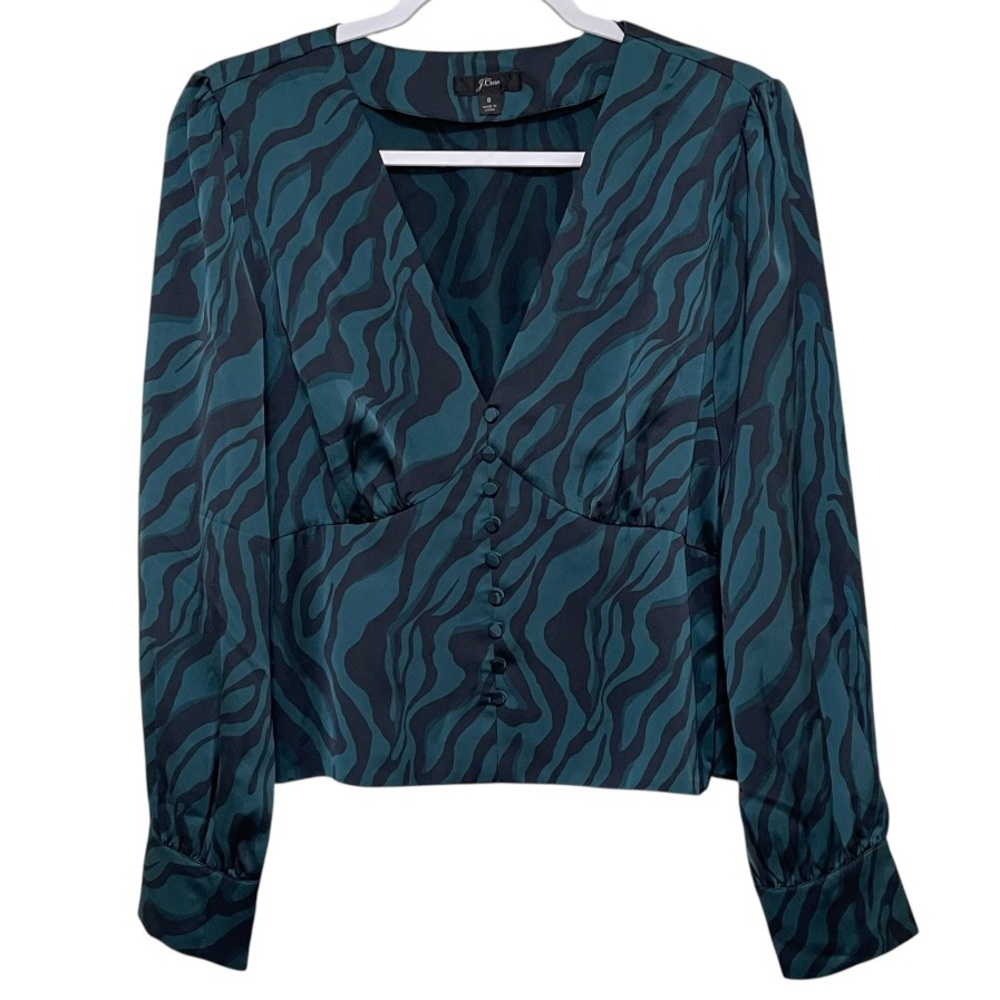 J Crew Silky Zebra Animal Print Blouse Long Sleeve V-Neck Office Party Women 8